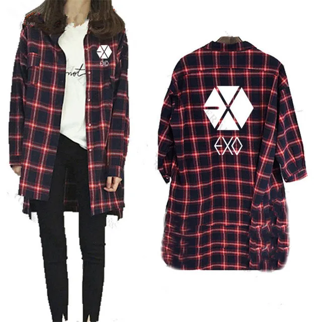 Mainlead Kpop красная клетчатая рубашка EXO GOT7 Monsta X b. A. P Mamamoo Seventeen IKON для женщин и мужчин унисекс - Цвет: EXO