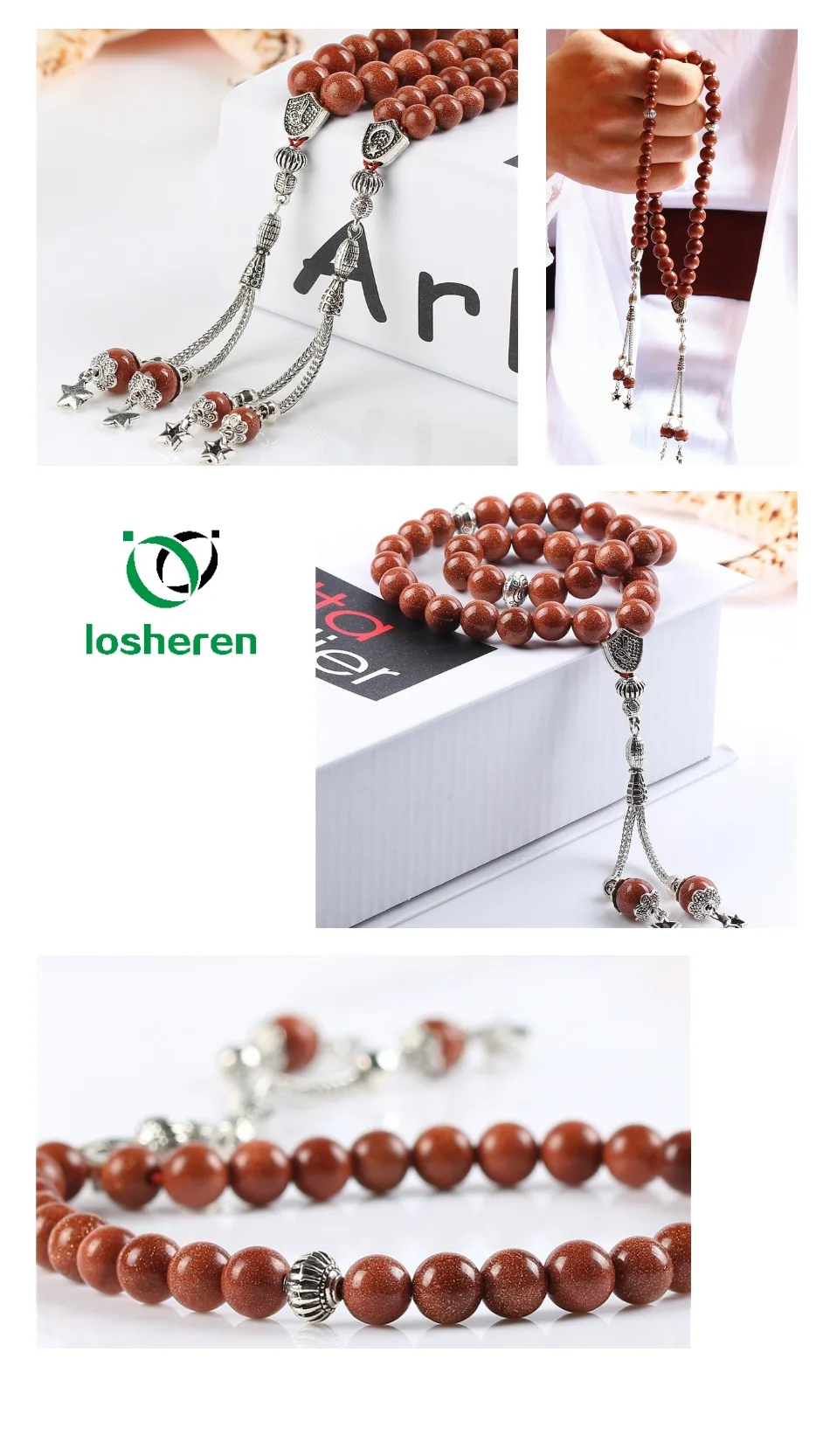 LOSHEREN Природный золотоносный песок камень Tesbih Исламская, молитвенная Бусы Tasbih мусульманские четки оптом по низкой цене Misbaha тасбих Sibha для подарки на Рамадан