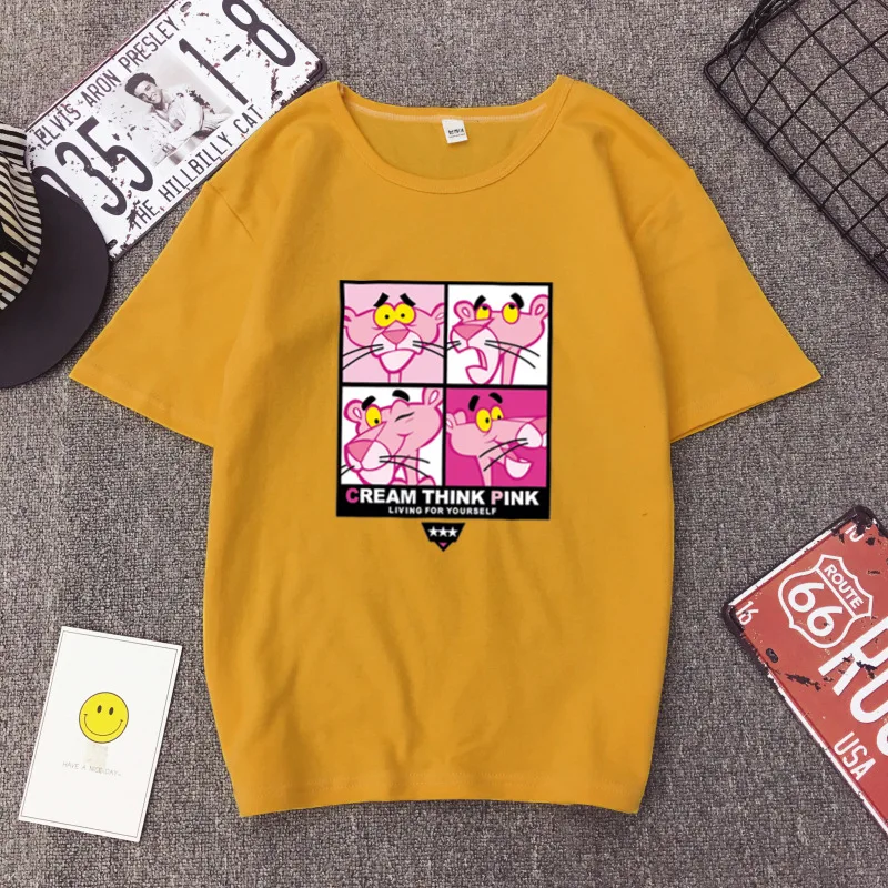 Harajuku Ulzzang летняя футболка с изображением милой розовой Пантеры, свободная Брендовая женская футболка с коротким рукавом