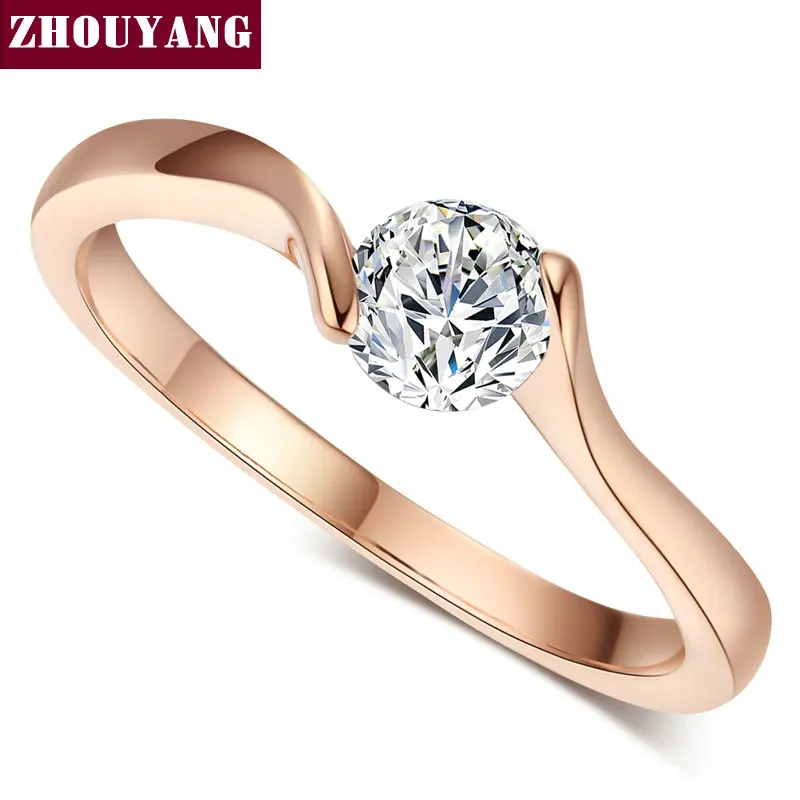 ZHOUYANG, обручальное кольцо для женщин, лаконичное, 4 мм., круглая огранка, кубический цирконий, цвет розовое золото, обручальное, модное ювелирное изделие ZYR239, ZYR422 - Цвет основного камня: RoseGold