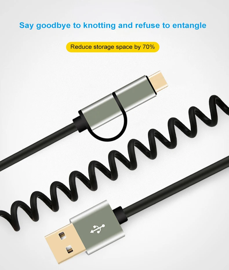 Пружинный кабель типа C Micro usb 2 в 1 кабель для быстрой зарядки для samsung Xiaomi huawei USB C 2 в 1 шнур выдвижной Microusb кабель