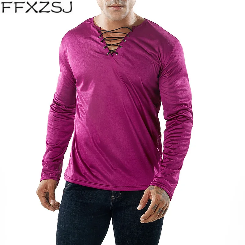 

FFXZSJ brand 2019Fashion Men Bandage V Neck T Shirt Men Slim Fit Long Sleeve T Shirts Transparent Gauze Sexy See Through T-shirt