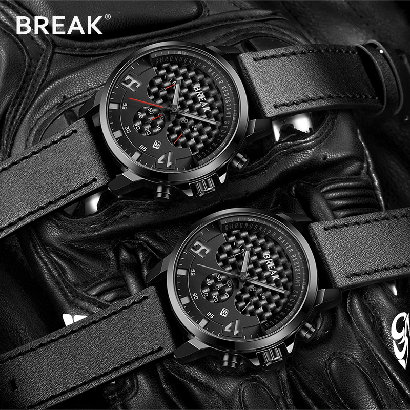 Мужские кварцевые часы BREAK New с кожаным ремешком водонепроницаемые