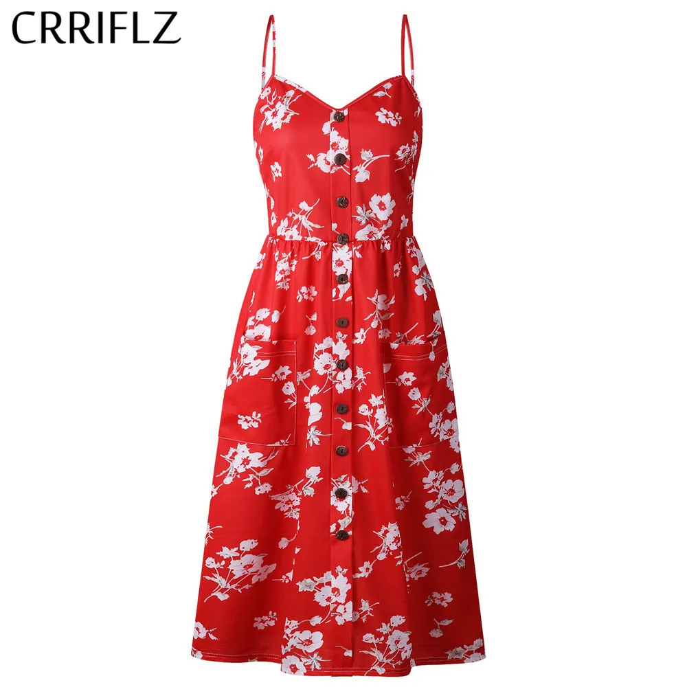 New Boho Off-shoulder Party Beach Sundress Spaghetti Long Dresses Plus Size Summer Women Button Decorated Print Dress CRRIFLZ