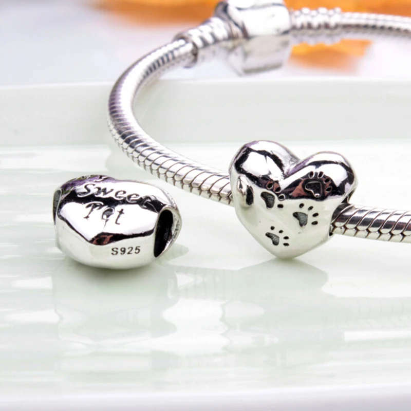 925 Sterling Silver My Sweet Pet Paw Print Charm fit Original BW Bracelet Necklace Heart Bead Accessories Jewelry Making | Украшения и