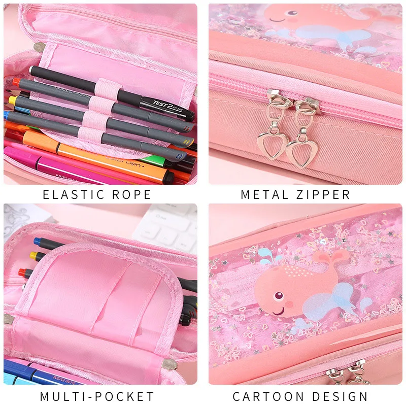 4 Colors Large Capacity Whale Pencil Case Double Zipper Cartoon Student Pencil Bag Gift Estuches School Pencil Box
