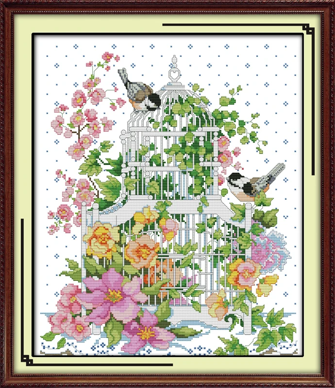 

Caged bird cross stitch kit 14ct 11ct pre stamped canvas cross stitching animal lover embroidery DIY handmade needlework