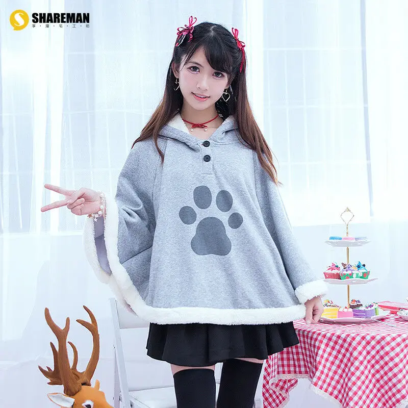 Neko Atsume Cute Cat Backyard Anime Kawaii Warm Cloak Sweat Hooded Coat Capes Cosplay Costume Grey Jacket Hoodie