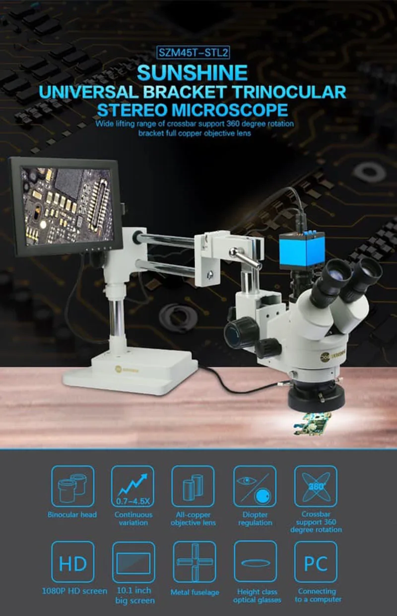 Jyrkior Sunshine SZM45T-STL2 Универсальный кронштейн 7X~ 45X непрерывный зум Тринокулярный Стерео микроскоп для инструмент для ремонта мобильных телефонов