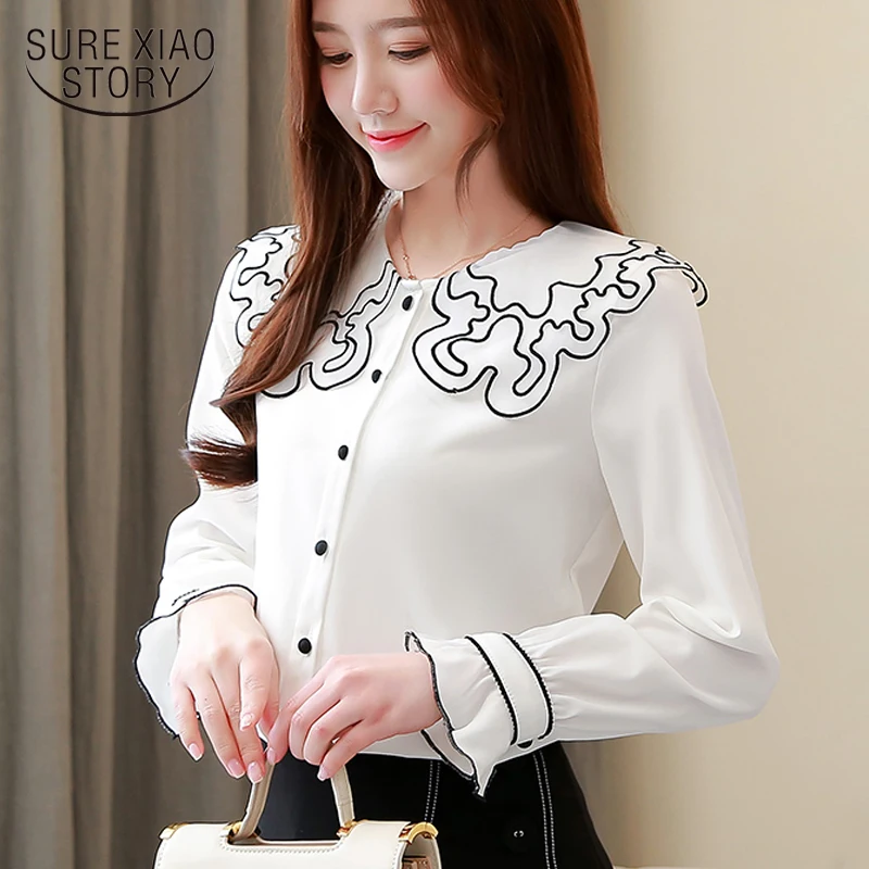 womens tops and blouses women shirts plus size Lace Doll Collar Long Sleeve chiffon blouse Shirt 2019 Spring school wind 2588 50 | Женская
