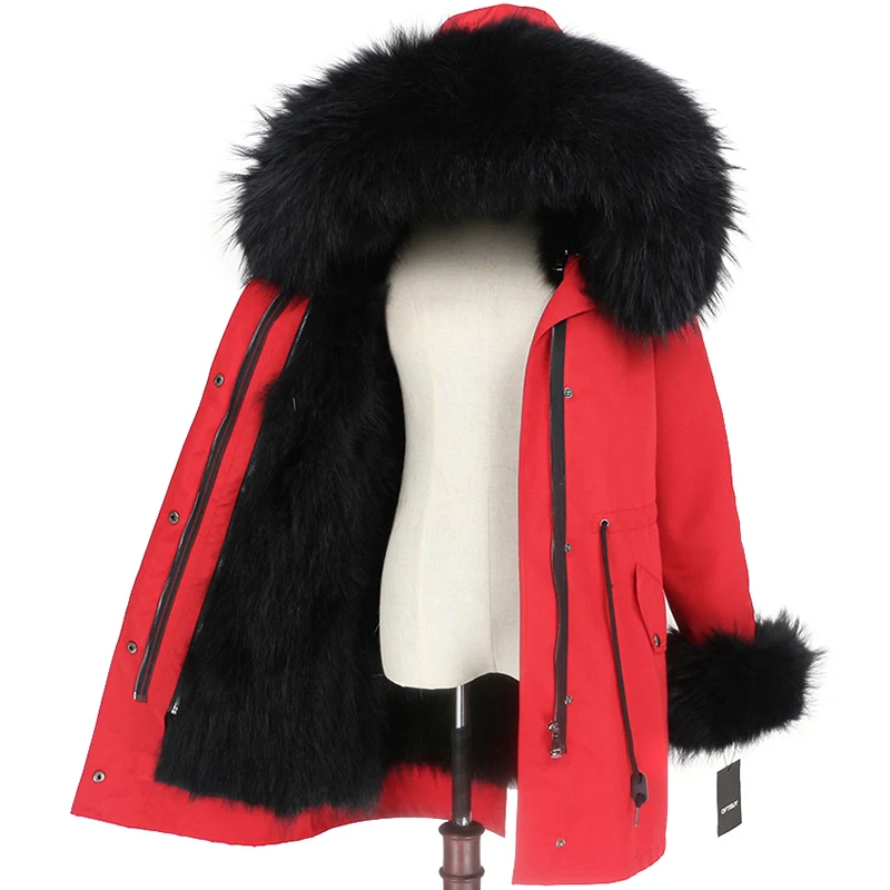 red black black OFTBUY пальто с натуральным мехом енота, капюшон с манжетами, подкладка из лисьего меха, зимняя куртка, Женская длинная парка, водонепроницаемая верхняя одежда, новинка - Цвет: red black black