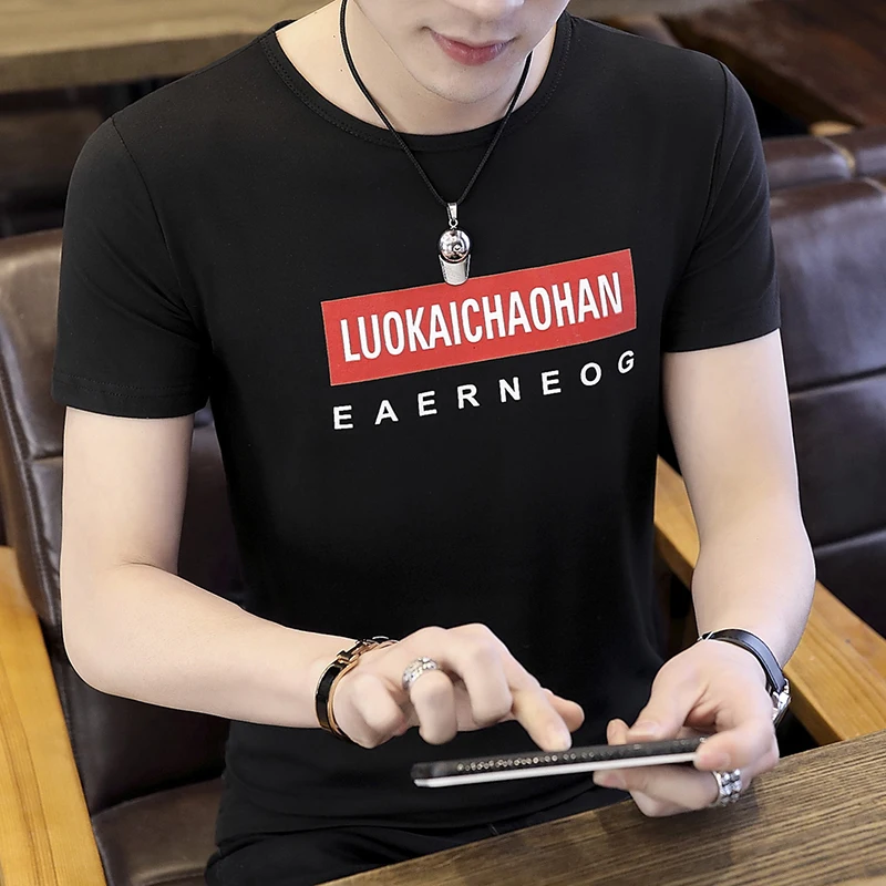 2019 короткая футболка Летняя мужская Удобная хлопковая дышащая с принтом черная