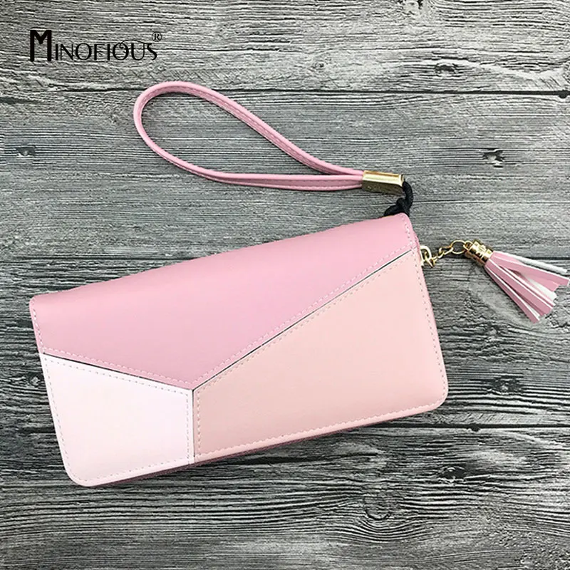 Pink AOSBOS, Длинный кошелек из искусственной кожи, новинка, кошелек с кисточками, однотонный, из кусков, на молнии, кошельки, модный дизайн, клатч, кошельки для женщин - Цвет: Pink