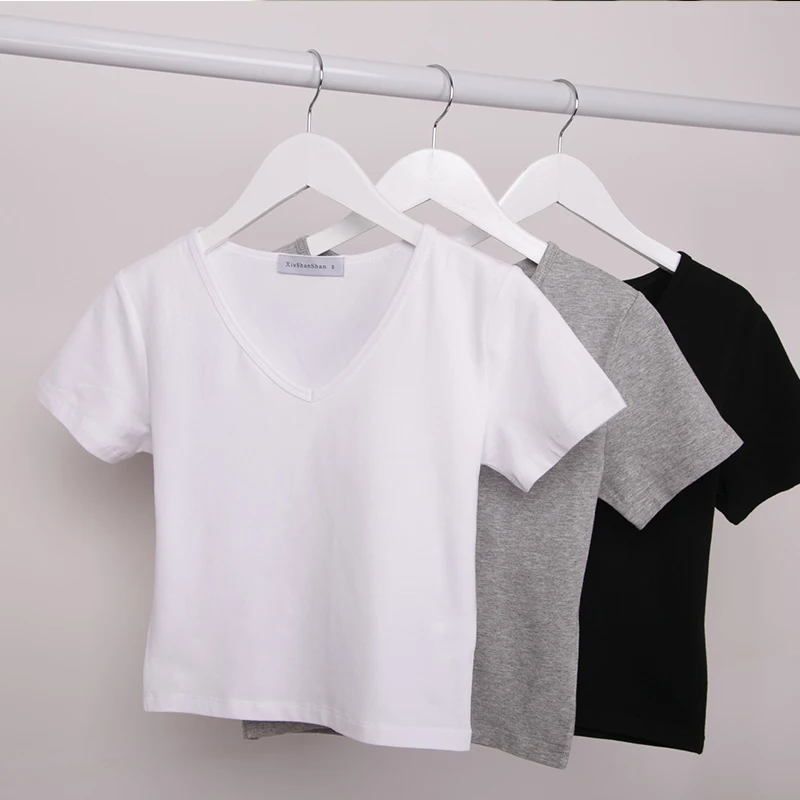 S XL/2XL качественная Хлопковая женская короткая футболка с v образным вырезом и