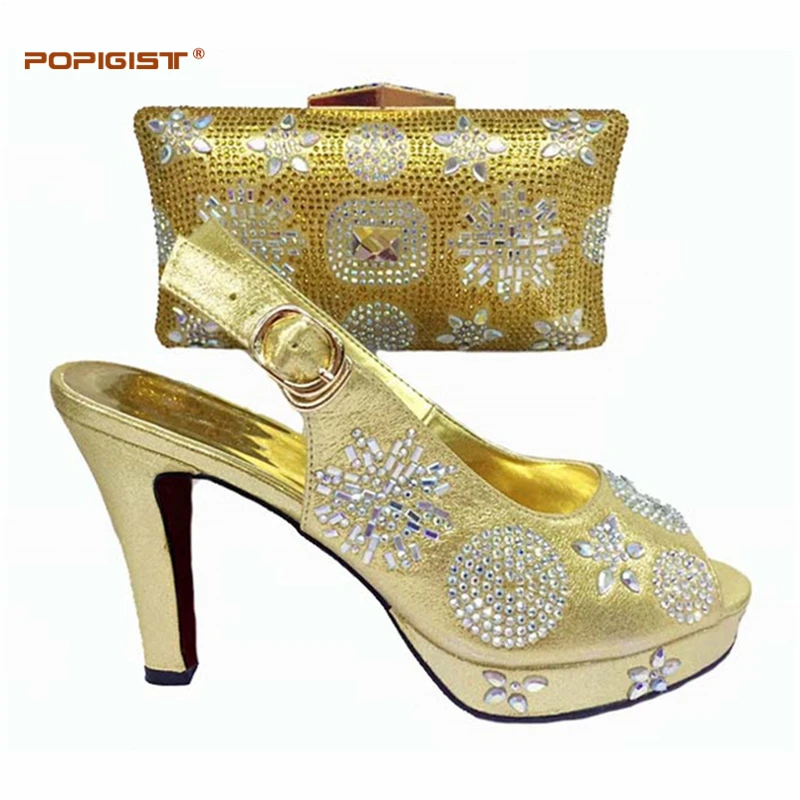 Золото Летние женские туфли-лодочки Итальянская обувь с сумки в комплекте Размер