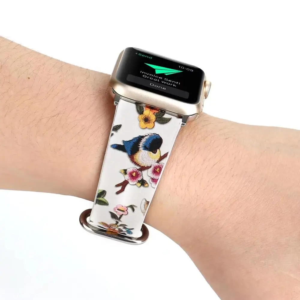 Для Apple Watch Band 42 мм 44 серия 4 3 2 1 браслет для iwatch ремень Белые птицы цветок Печатный