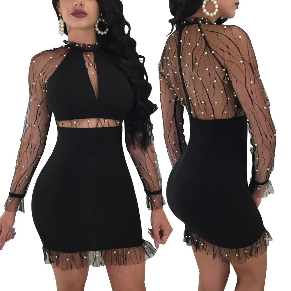 Женское Сетчатое платье JAYCOSIN черное жемчужное с оборками и круглым вырезом