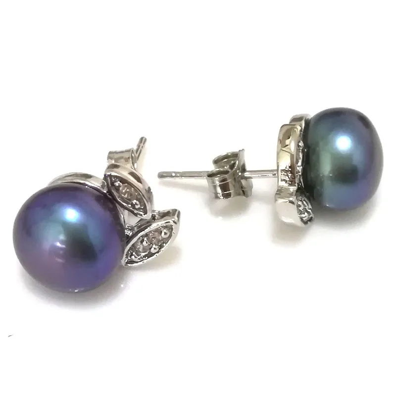 

9-10mm Black Natural Button Pearl 925 Sterling Silver Stud Earring with Zirconia