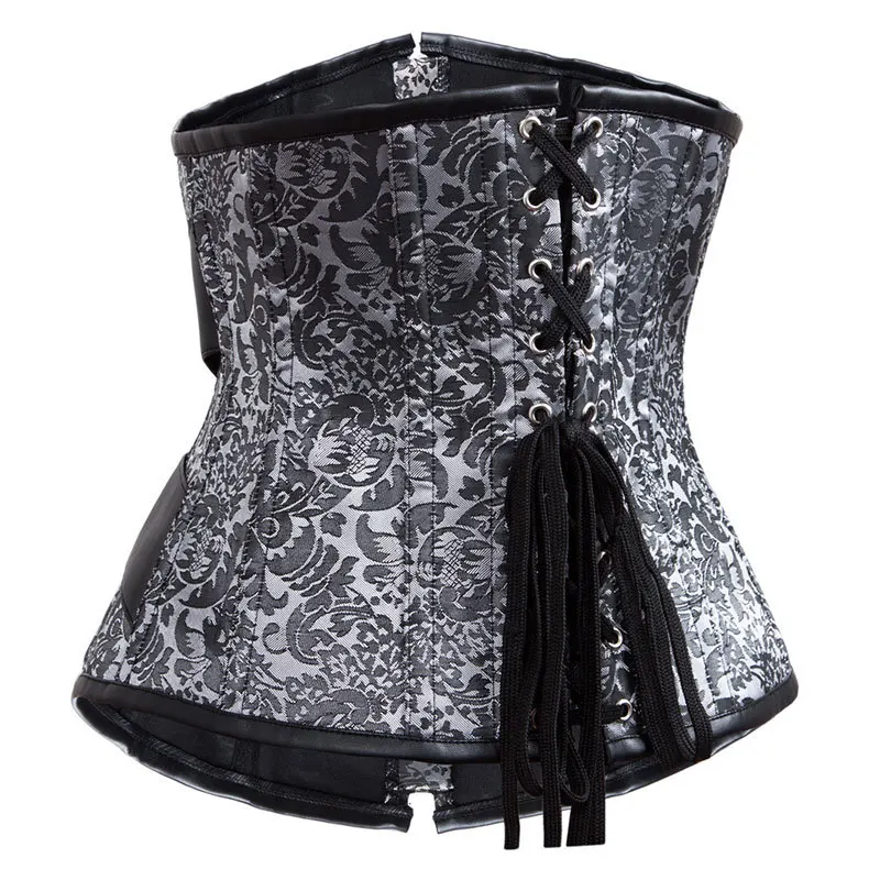 Серебряная парча черный кожаный ремень со стальными косточками корсет под