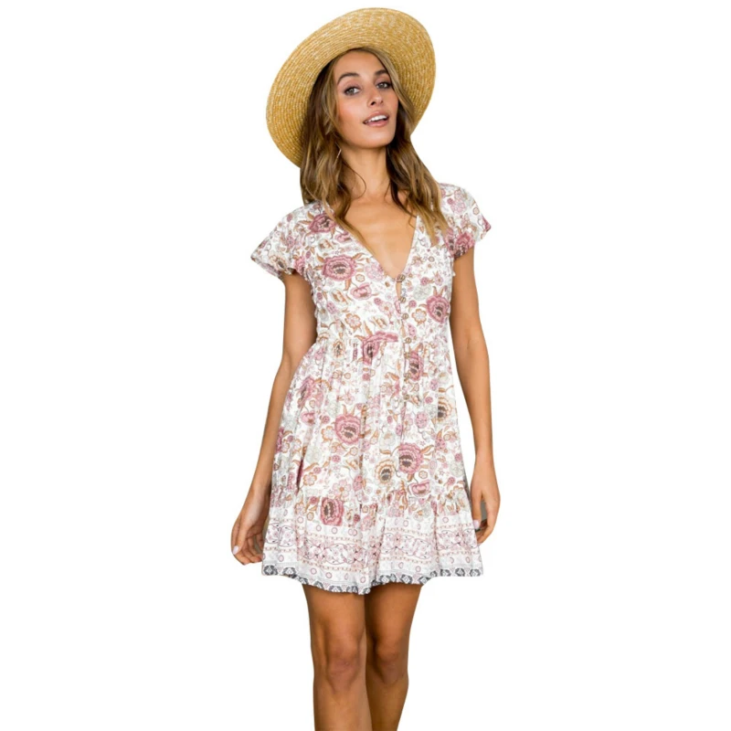 Boho шикарное летнее винтажное мини-платье с цветочным принтом и птицами для