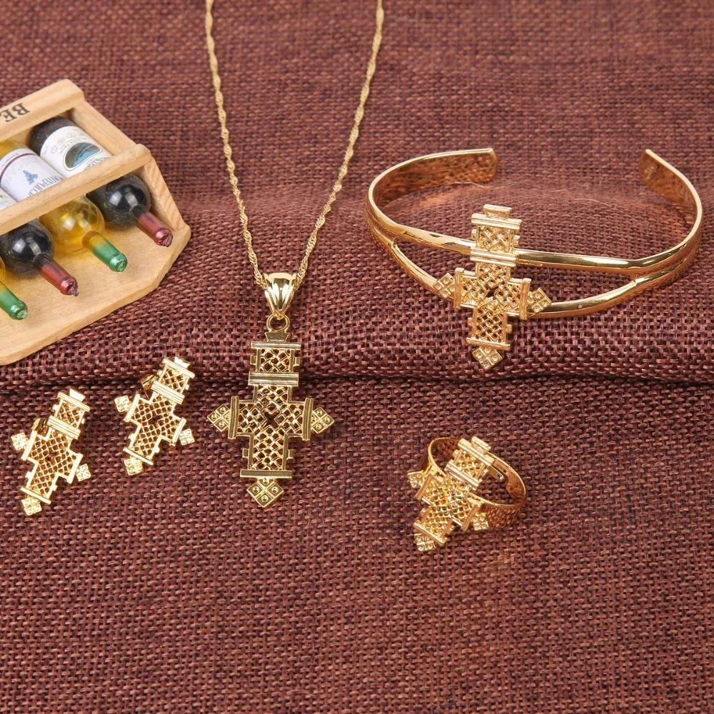 

Trendy Ethiopian/ Eritrea/Habesha Jewelry gold Cross Sets for African Women Traditional Holiday Party