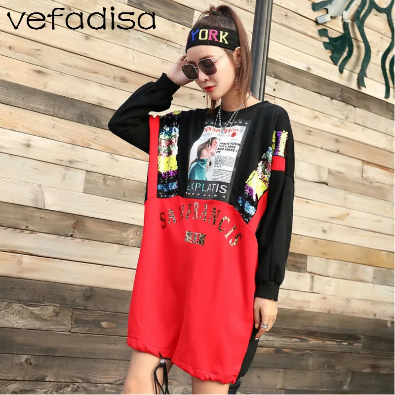 Vefadisa Для женщин Цвет соответствующие Sweatershirt блестками и длинными письмо шаблон