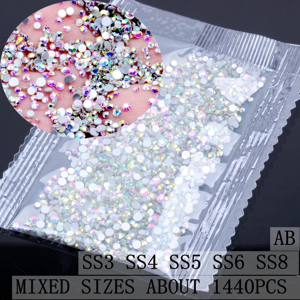 AB Mixed Sizes Блестящий страз SS3-SS8 Кристалл Стразы FlatBack гвоздь горный хрусталь стекло 3D не исправление Бусы из драгоценных камней DIY украшения для ногтей - Цвет: AB Mixed Sizes