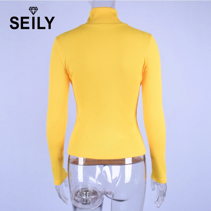 Женский свитер-водолазка на молнии Seily желтый вязаный с высоким воротником и