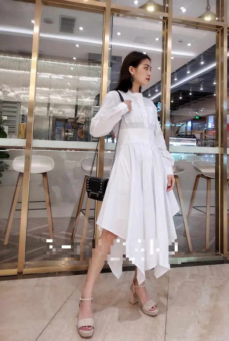 Женское платье хлопок белое 2018 длинный рукав высокая талия необычное рубашка