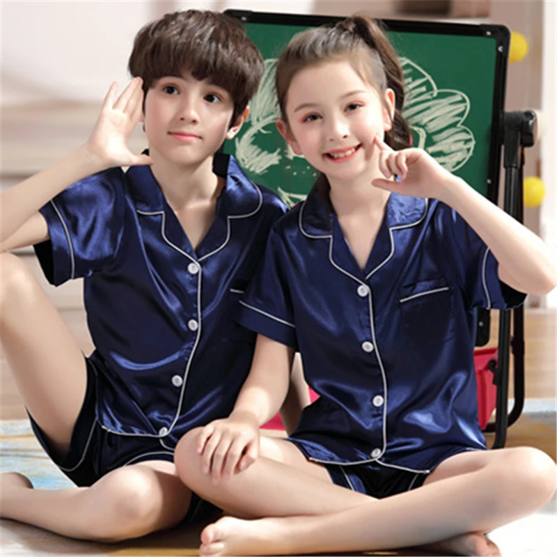

Summer Children Pajamas Suit Silk 2019 Pyjamas Set Boys Short-sleeved Satin Baby Home Clothing Kids Lapel shorts wear suit