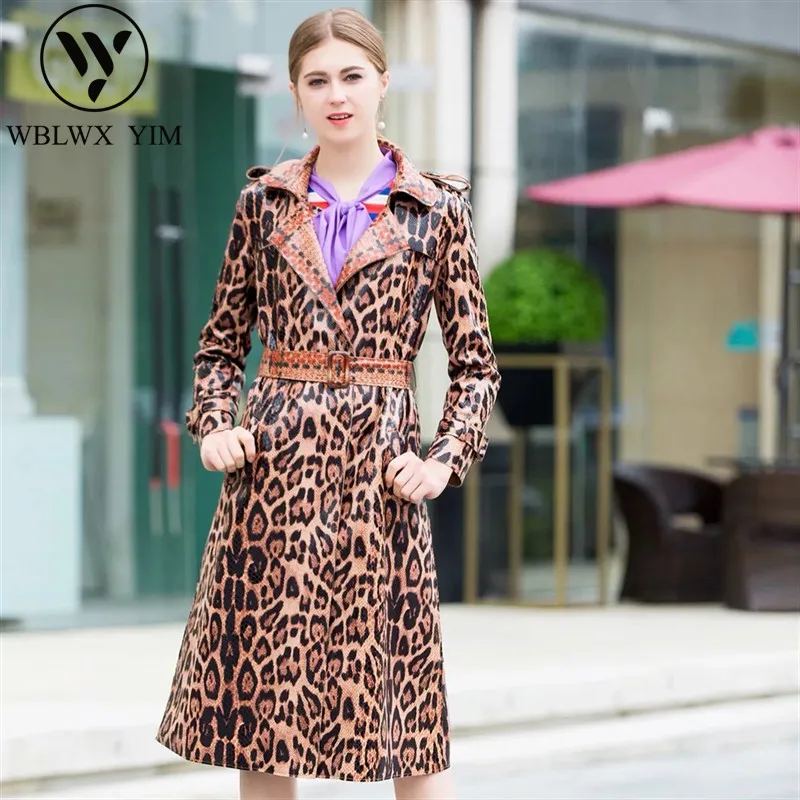 2019 Autumn New PU Leather Trench coat women Fashion leopard belt long womens Casual loose England Style Outerwear | Женская одежда