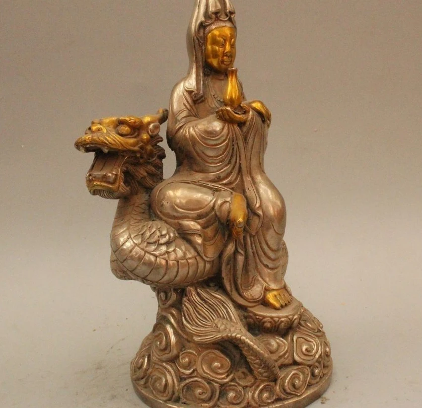 8 &quotКитайский Buddhiam Серебряный Gild Сиденья Дракон Кван-инь Бодхисаттвы Статуя | Дом