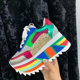 mixed color Prova perfetto Популярные кроссовки на платформе с блестящими блестками женские разноцветные кроссовки на шнуровке с цветной толстой подошвой женские кроссовки обувь - Цвет: mixed color