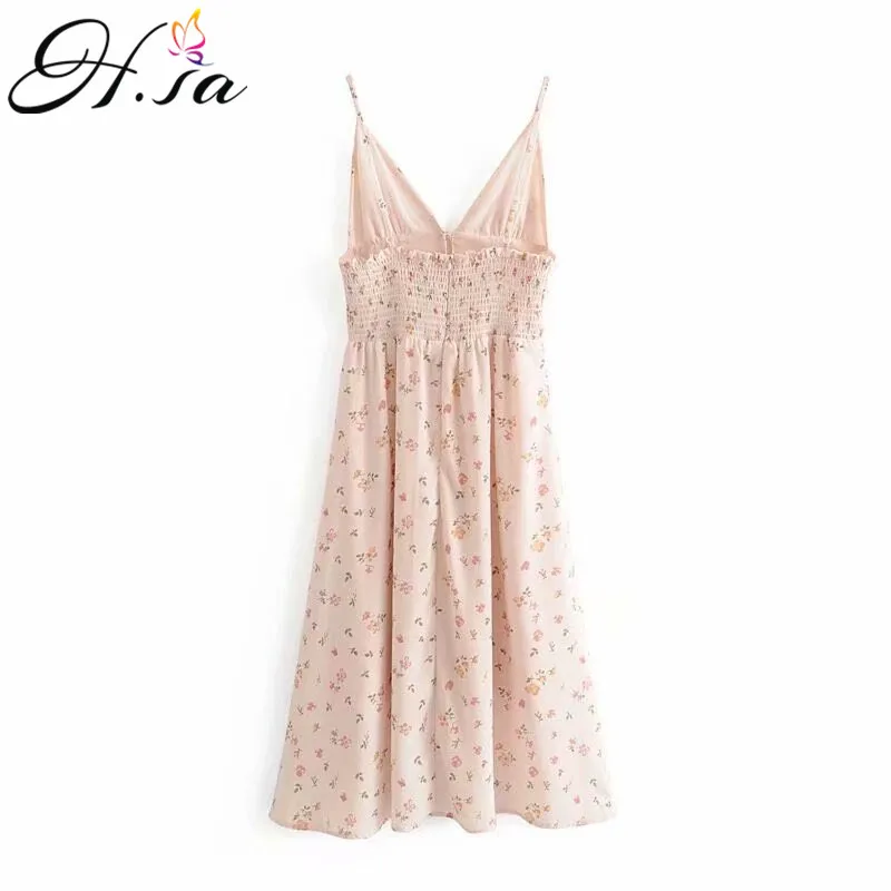 Женское платье с глубоким вырезом H. SA бежевое без рукавов цветочным принтом