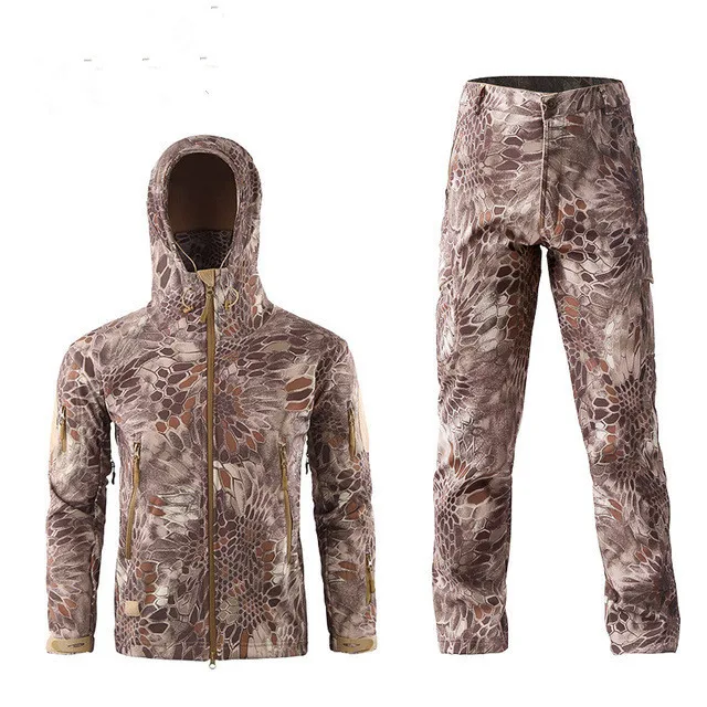 Hot Winter Men Outdoor Camping Hunting Hiking Camouflage Sets Tactical Waterproof Shark Skin Soft Shell Fleece Jacket Pants Suit - Цвет: yellow python