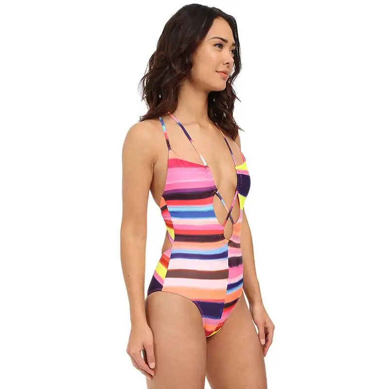 Красочный Полосатый купальник Женские пикантные спинки Trikini глубокий v-образным