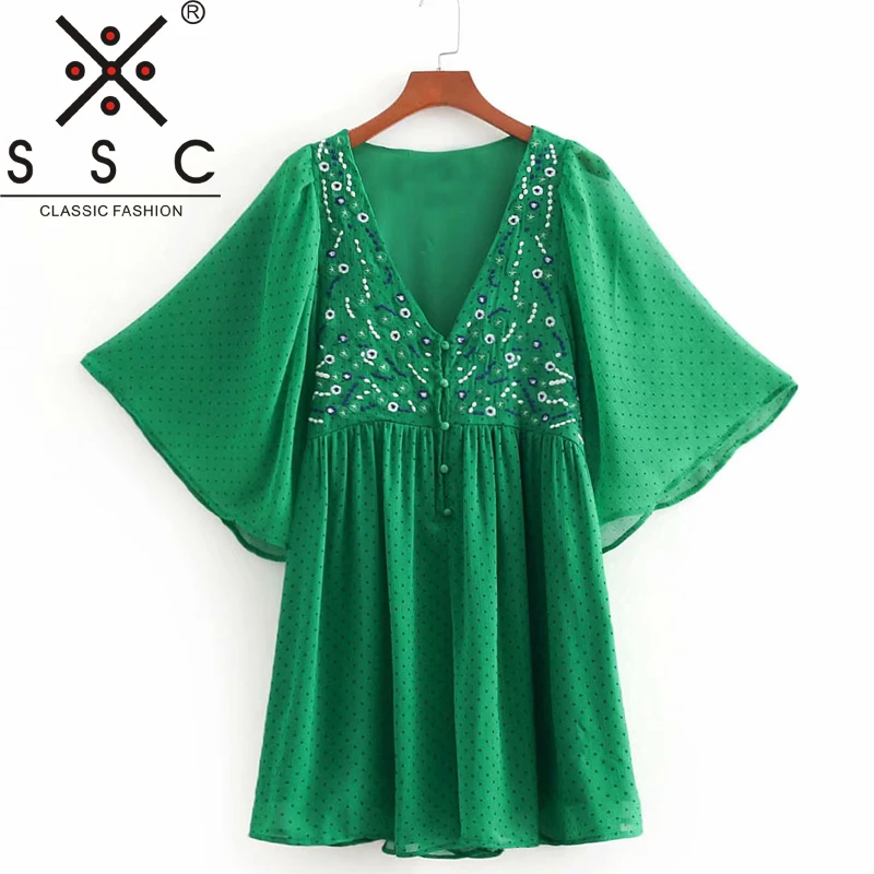 SSC весной и летом Цвет точка Вышивка женское платье Новые Короткие рукава