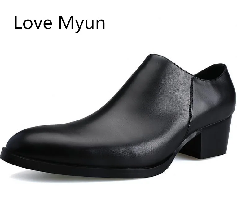 Туфли мужские из натуральной кожи высокий каблук заостренный носок молния