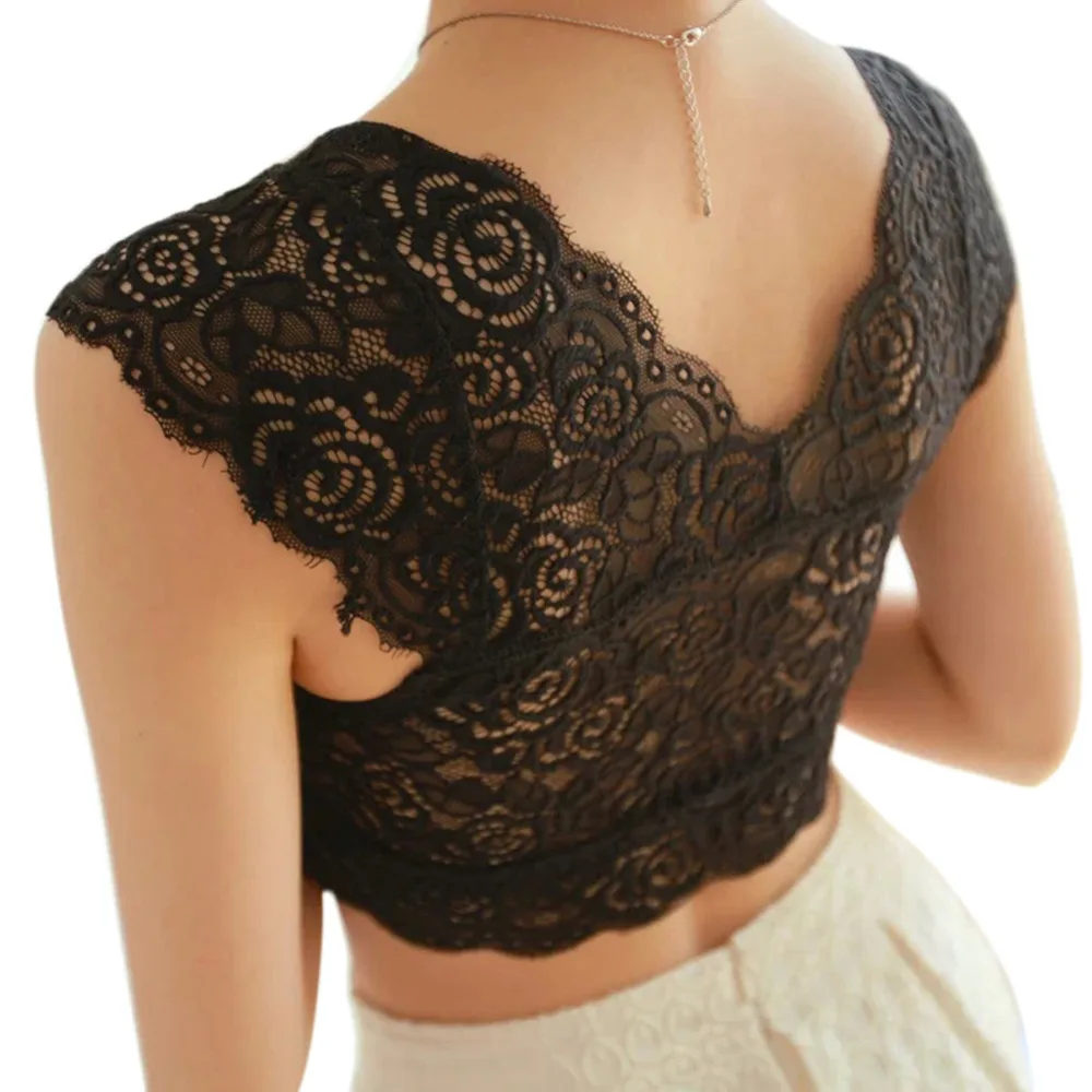 Женский сексуальный кружевной бюстгальтер с подкладкой укороченный топ черный