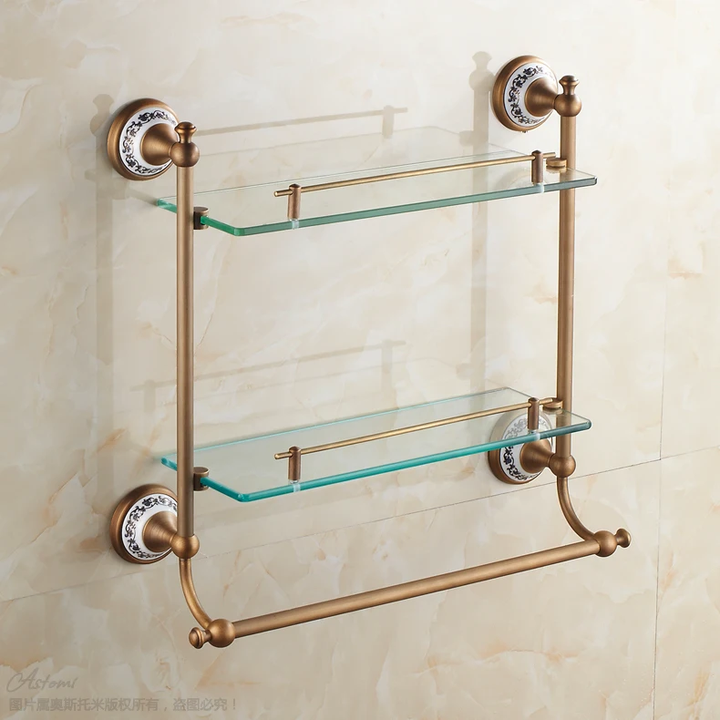 

European Luxury Bronze Antique Ceramic Bathroom Glass Shelf Wall Mounted Double Layer Glass Shelves Bathroom Accessories