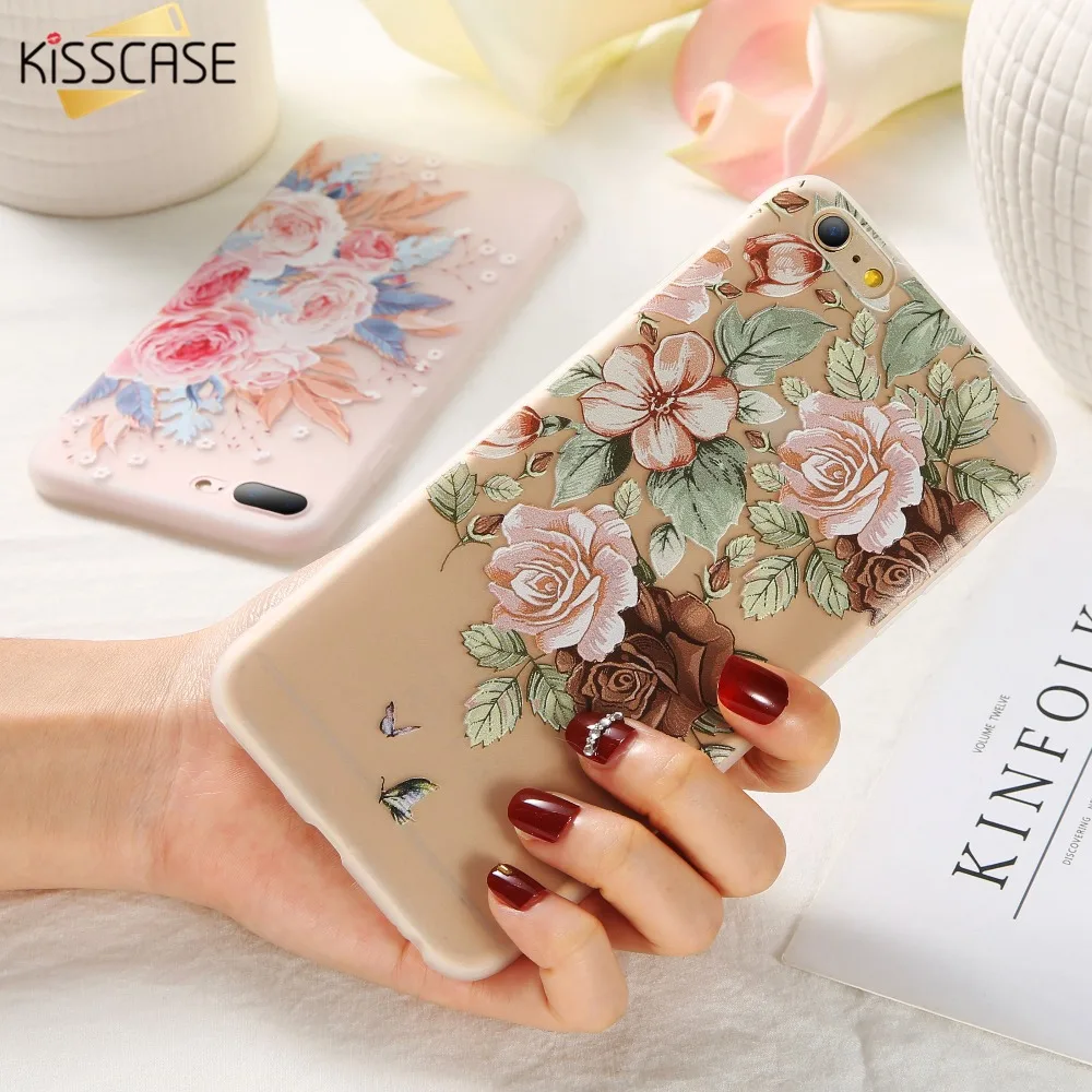 KISSCASE Мягкий силиконовый чехол для iPhone 7 8 X XS XR 3D рельефный с цветами Apple Plus