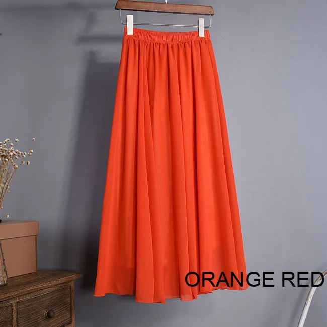 Orange red Женская элегантная шифоновая юбка с высокой талией, эластичная резинка на талии, повседневные длинные макси юбки Saias 80/90/100 см, 22 цвета, лето-осень, Новинка - Цвет: Orange red