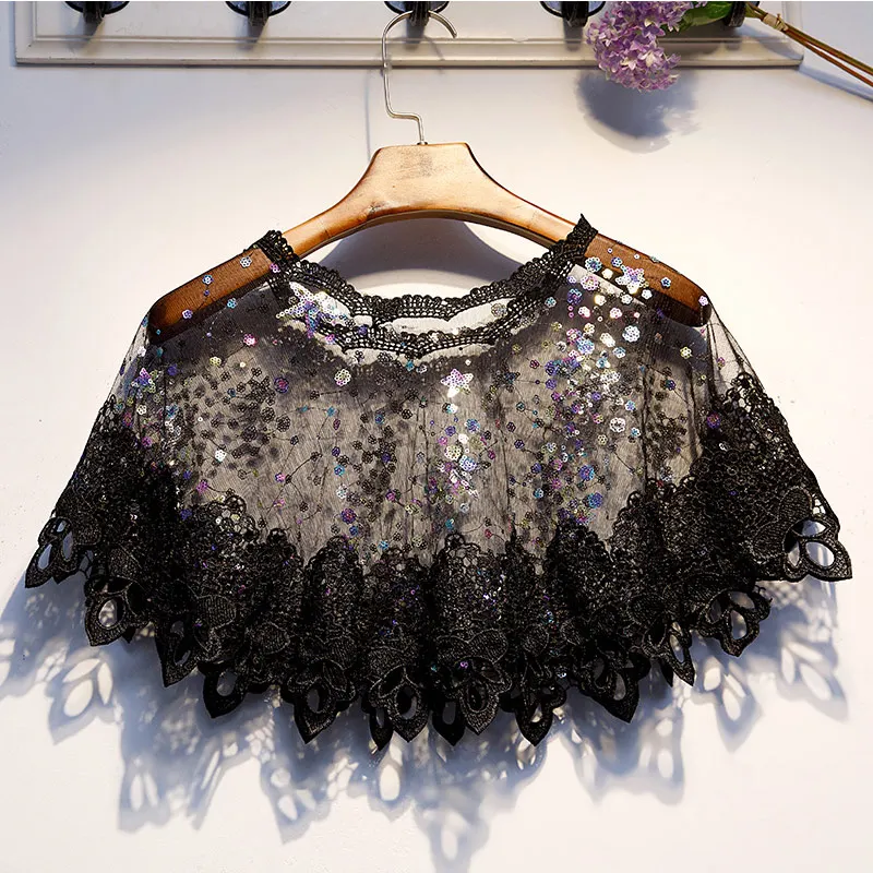 Black-Lace-Cape Женские свадебные кружевные накидки с цветочным принтом и блестками, 1920 S, шали, болеро, болеро, Короткие шали, черные солнцезащитные накидки - Цвет: Black-Lace-Cape