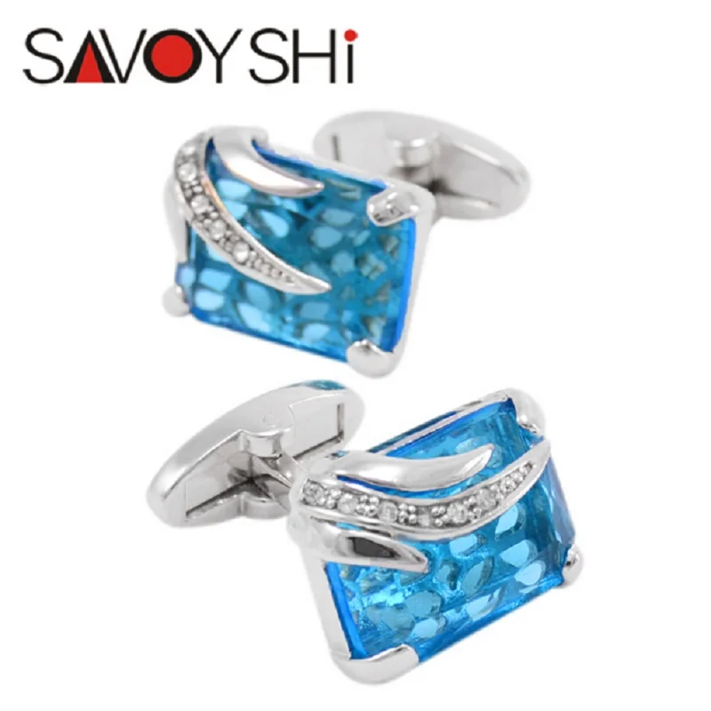 Blue cufflinks SAVOYSHI низкая клавиша Роскошные синие стеклянные Запонки мужские высококачественные мужские запонки рубашки запонки Relojes Gemelos - Окраска металла: Blue cufflinks