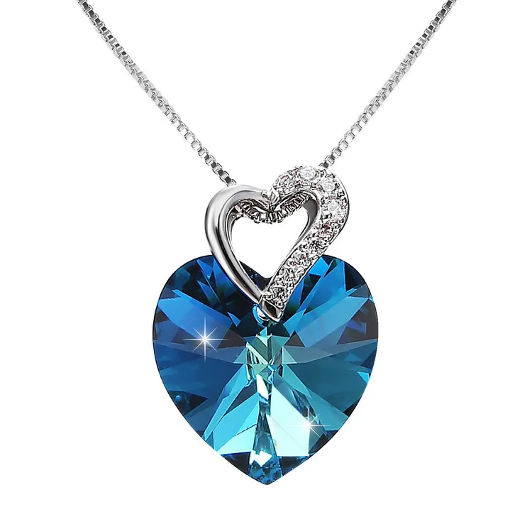 Ювелирный Набор для женщин с кристаллами Swarovski, ожерелье с подвеской в виде сердца из голубого хрусталя, серьги-гвоздики, подарочный набор