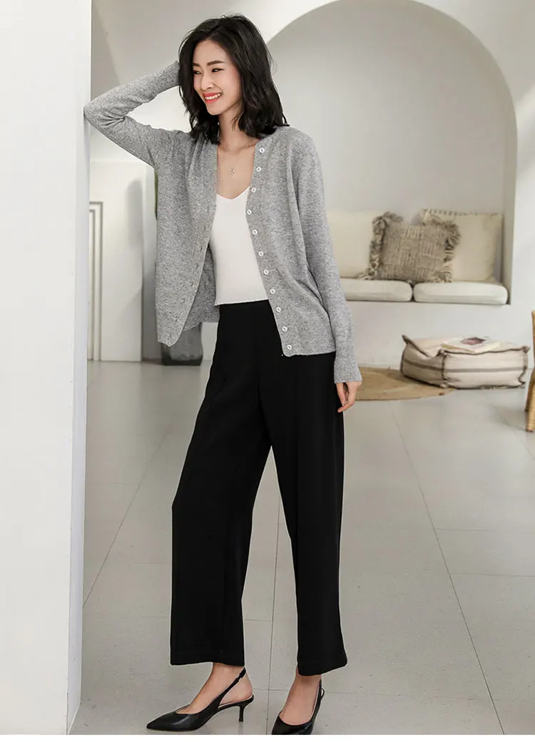 Women's Long Sleeve Knitted Cashmere Cardigan Sweater Ladies Autumn V-Neck Solid Cardigans Female Fashion Trendy Tops Beige grey |