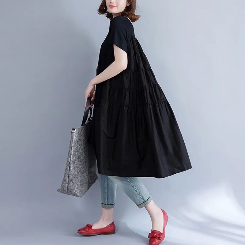 Yinlinhe за размер 5xl женщины свободный черный dress лето модальные лоскутная твердые
