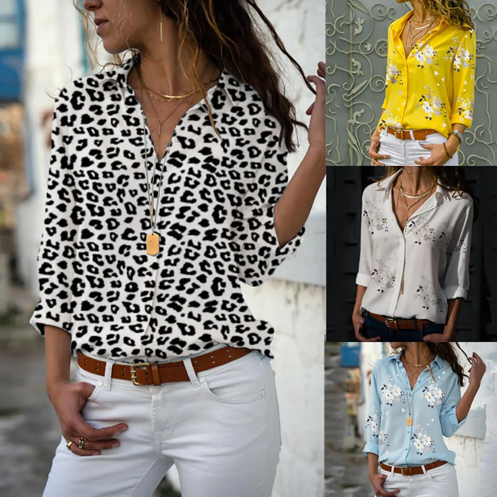 Женская шифоновая блузка с длинным рукавом V образным вырезом и принтом|Блузки| |