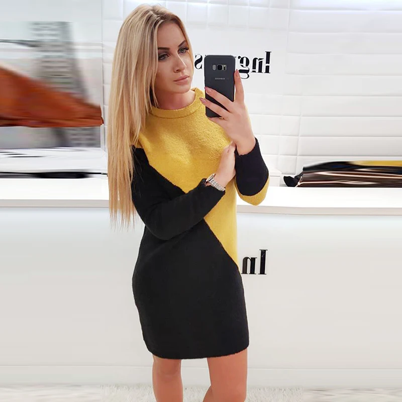 Повседневное мини-платье женское черное желтое цветное лоскутное платье с