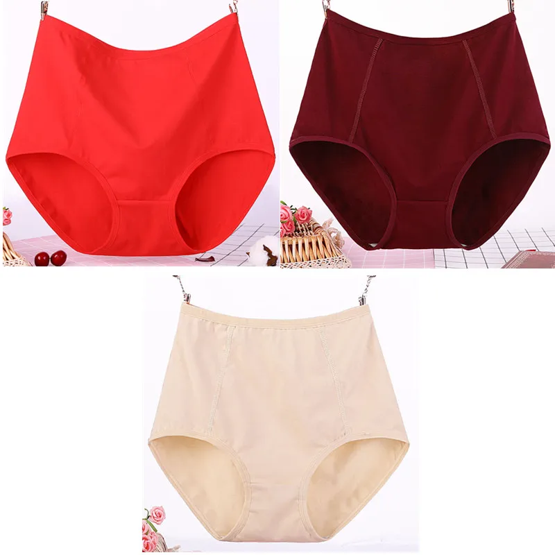 Beige red win red 3 шт./лот, большие размеры, XL-6XL, сексуальные, высокая талия, женские хлопковые Однотонные трусы, трусы-плавки из дышащей ткани, нижнее белье, трусики - Цвет: Beige red win red